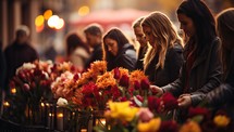 Group of beautiful young women choosing flowers at a flower market
