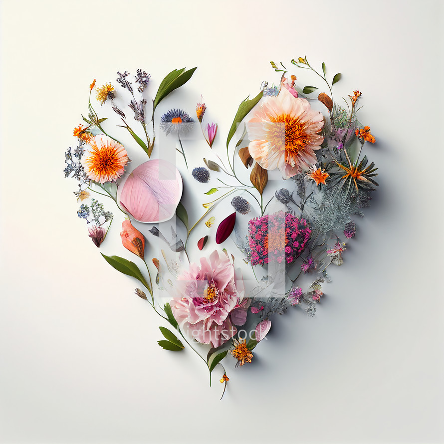Flowers in the shape of a heart on a white background