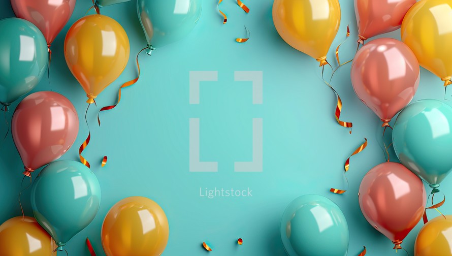 3d render of colorful balloons with confetti on blue background.