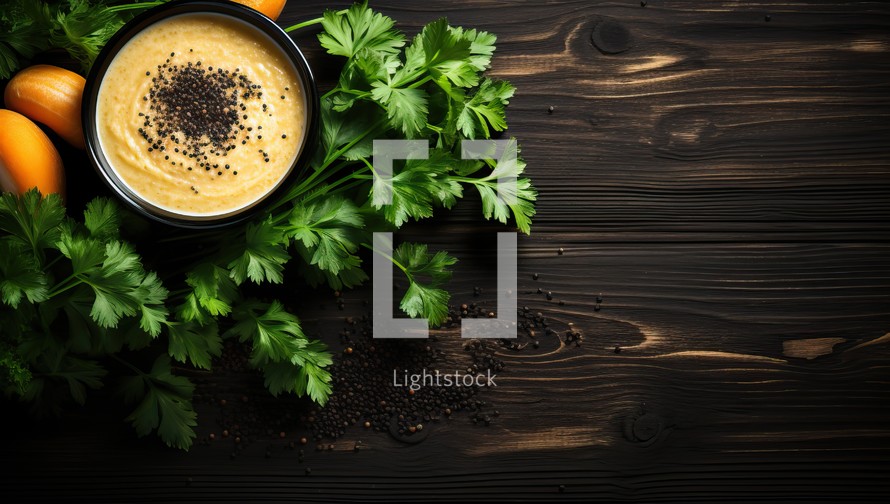 Pumpkin cream soup with black pepper and fresh parsley on wooden background