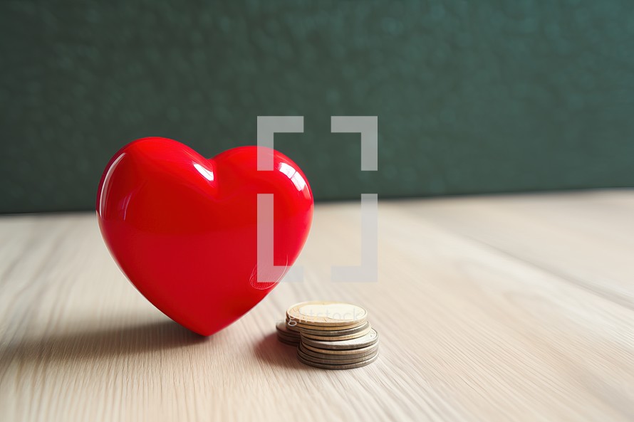 Red heart and coins on wooden table. Valentine's day concept.