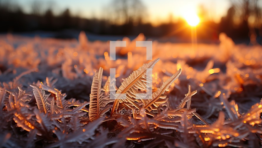 Frosted grass at sunset. Beautiful winter landscape with frosted grass.
