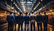 Back view of a group of business people standing in a warehouse.