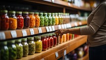 Closeup of woman choosing glass jars with preserved vegetables in grocery store