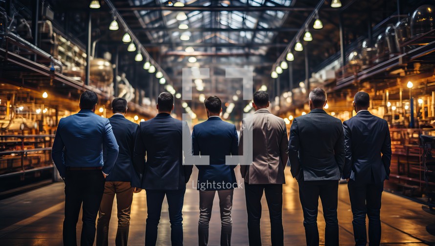 Back view of a group of business people standing in a warehouse.