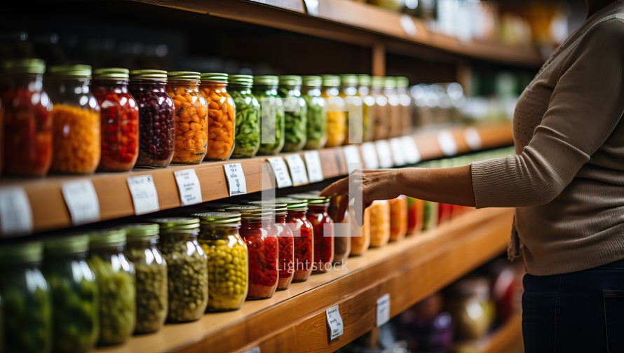 Closeup of woman choosing glass jars with preserved vegetables in grocery store