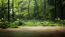 Wooden terrace in the green forest. 3d rendering.