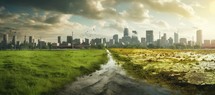 Panoramic view of the city with green grass and a puddle