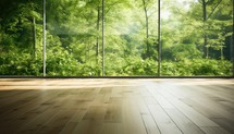 Wooden floor with view of the forest. 3d rendering.