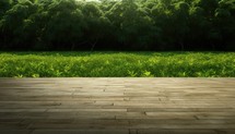 Wooden floor and green forest background. 3D Rendering.