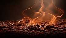 Roasted coffee beans with smoke on dark background, close-up