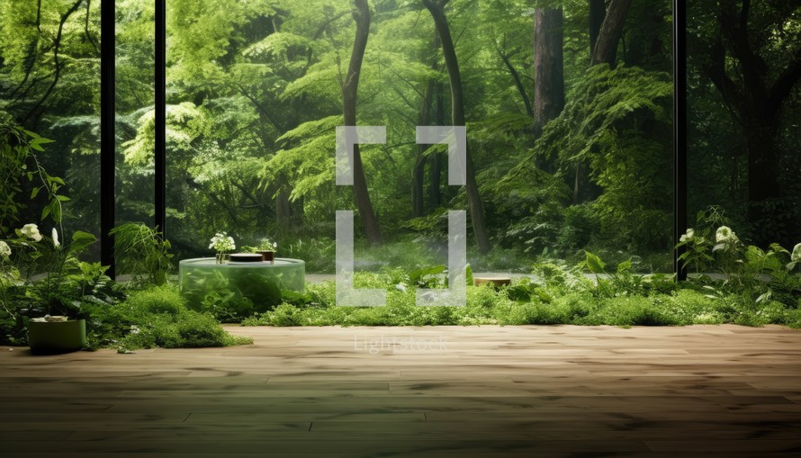Wooden terrace in the green forest. 3d rendering.