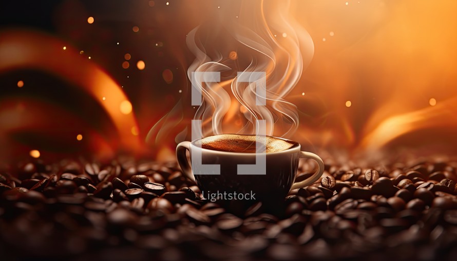 Coffee cup and coffee beans on a background of golden lights
