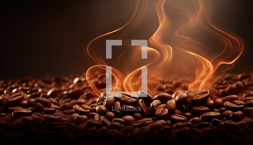 Roasted coffee beans with smoke on dark background, close-up