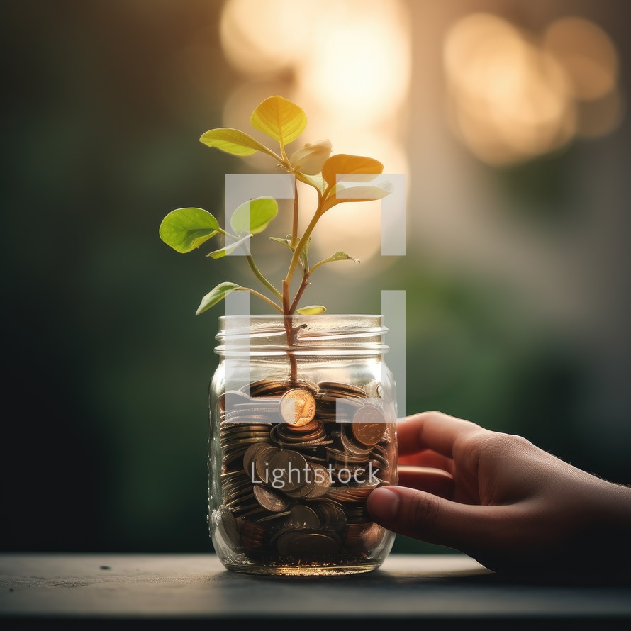 Coins in a glass jar with a tree growing on it. Saving money concept.