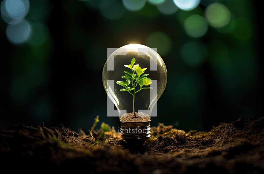 Green plant growing inside of a light bulb on soil with bokeh background