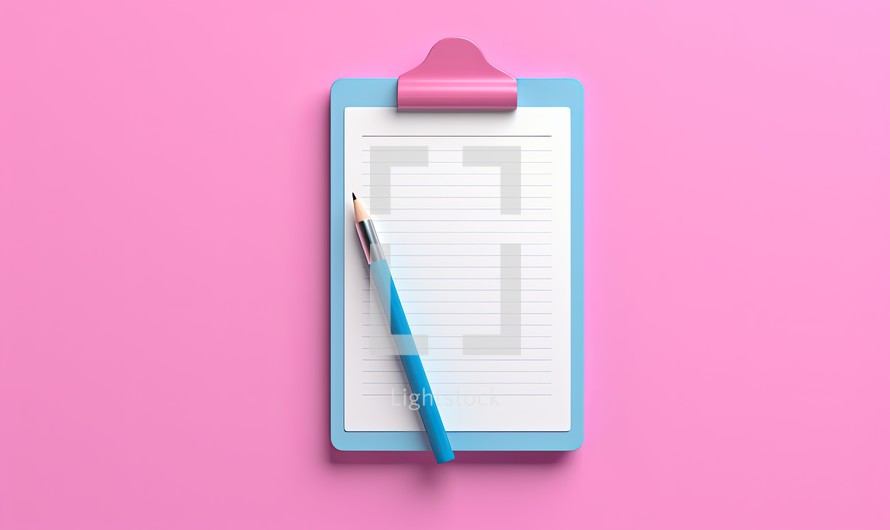 Clipboard and pencil isolated on pink background. 3d rendering
