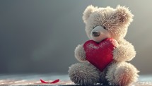 Teddy Bear Holding a Red Heart. Valentine's day concept.