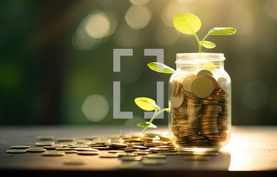 Investment concept, Coins in the glass jar with nature background.