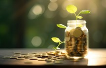 Investment concept, Coins in the glass jar with nature background.