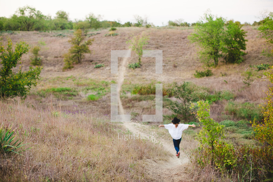 hill, walking, woman, path, outdoors, trail, open arms 