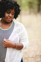 necklace, portrait, African American, woman, outdoors, sweater