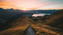 Sunrise over pathway in Mountains