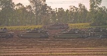 Gaza, April 6th 2019. IDF tanks and APC's lined up in combat formation near the Gaza border.