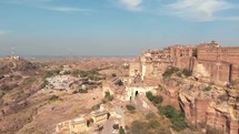 Aerial along the walls of Mehrangarh fort, Jodhpur, Rajasthan, India