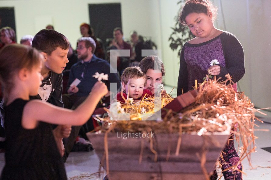 children playing flowers in a manger 