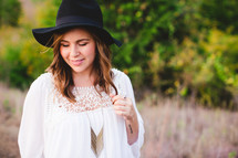 hat, woman, linen shirt, portrait, outdoors