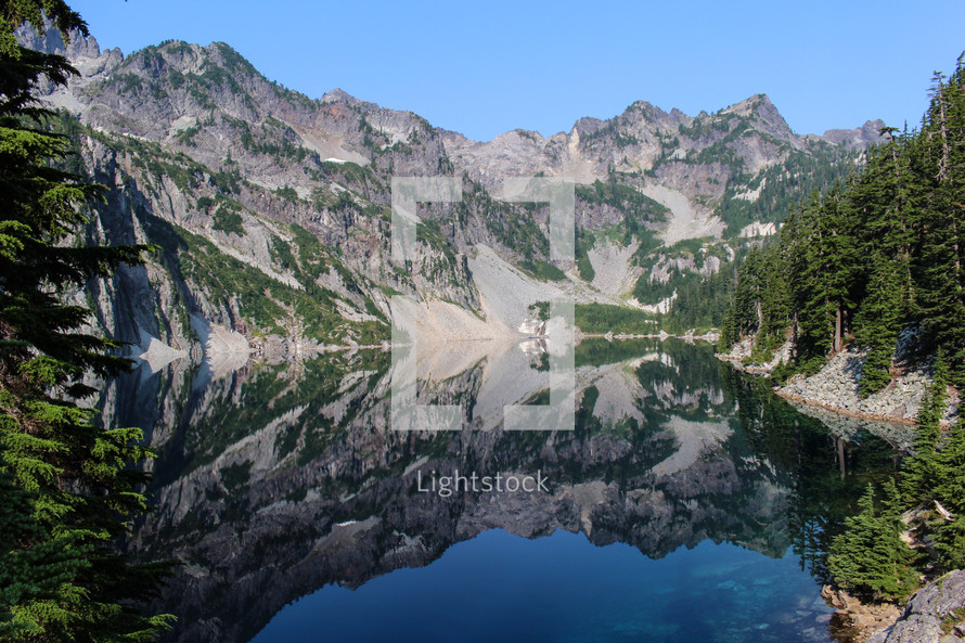 reflections of mountain peaks on a lake 