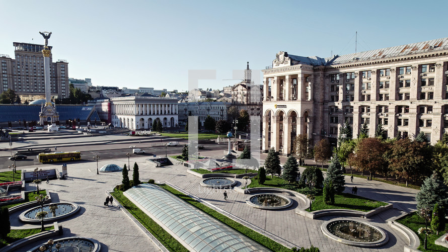 Kyiv, Ukraine - September, 2022: Central Post Office on Maidan Nezalezhnosti - Independence Square in Kiev. Drone shot. Old architecture of eastern Europe country. 