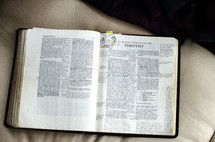 handwritten notes on pages of a Bible opened to Timothy 