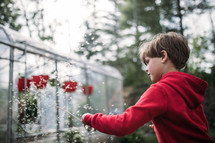 child playing with flower and seeds by a greenhouse 
