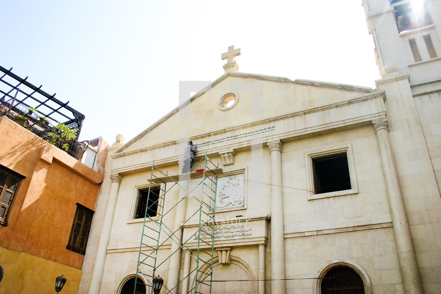 scaffolding repairing a church in Syria 