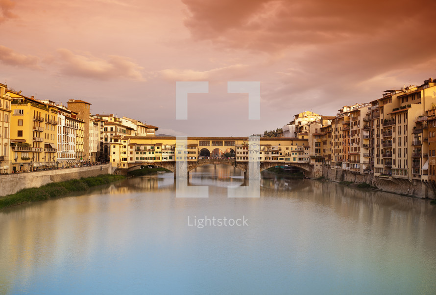 view at sunset of Ponte Vecchio in Florence, Italy.