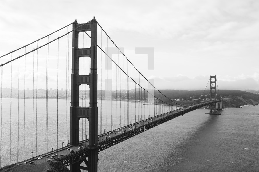 Golden Gate Bridge over the ocean.