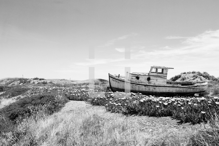 Abandoned, beached boat.