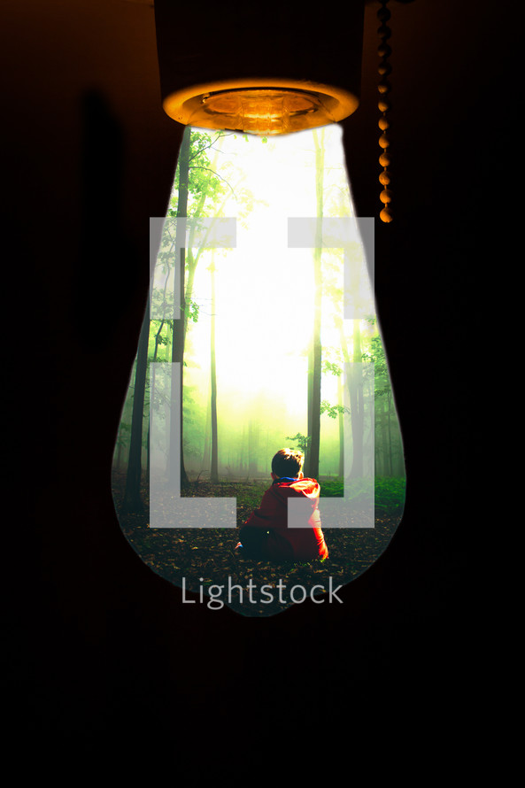 view of a boy sitting in a forest in a lightbulb 