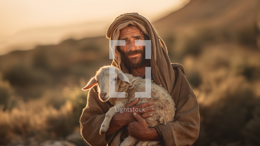 The old shepherd holds a lamb. 