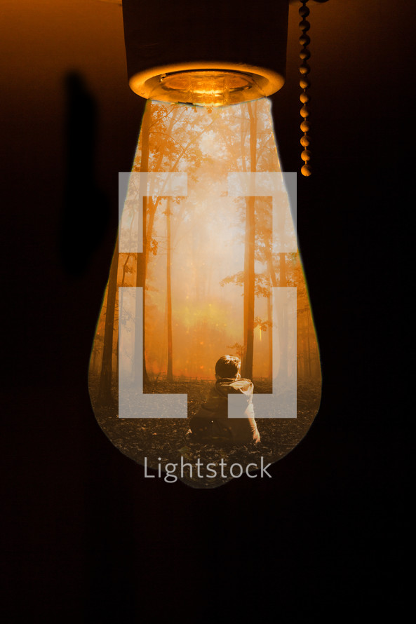 image inside a lightbulb of a boy sitting in a forest alone 