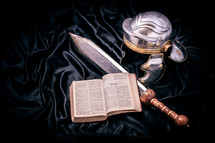 sword, armor, open Bible, Romans, soldier 