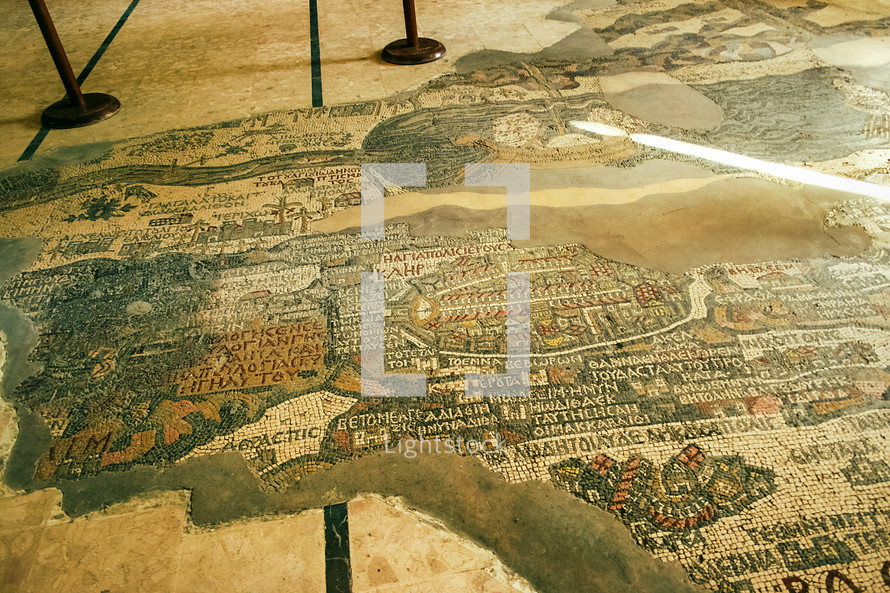 Mosaic map from the 6th century of Jerusalem and the Holy Land in Madaba, Jordan