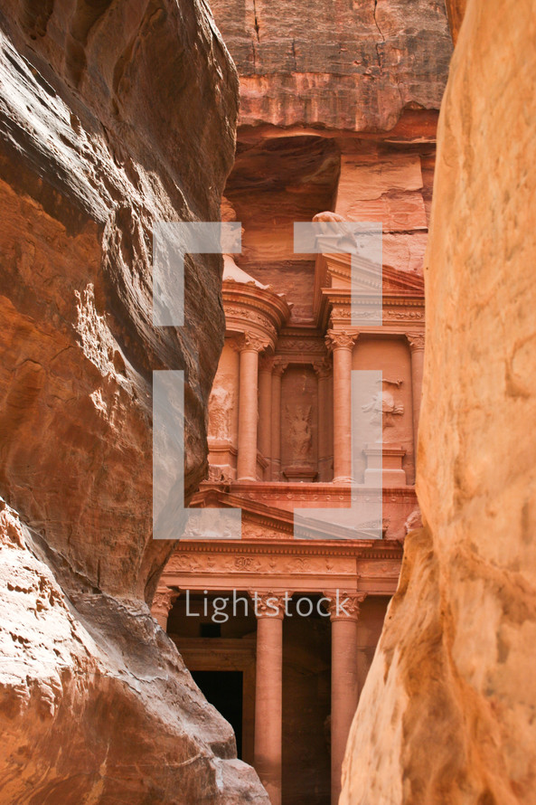 A view of the Treasury from the Siq in Petra, Jordan.