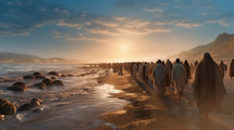 The people of Israel are walking through the Red Sea.