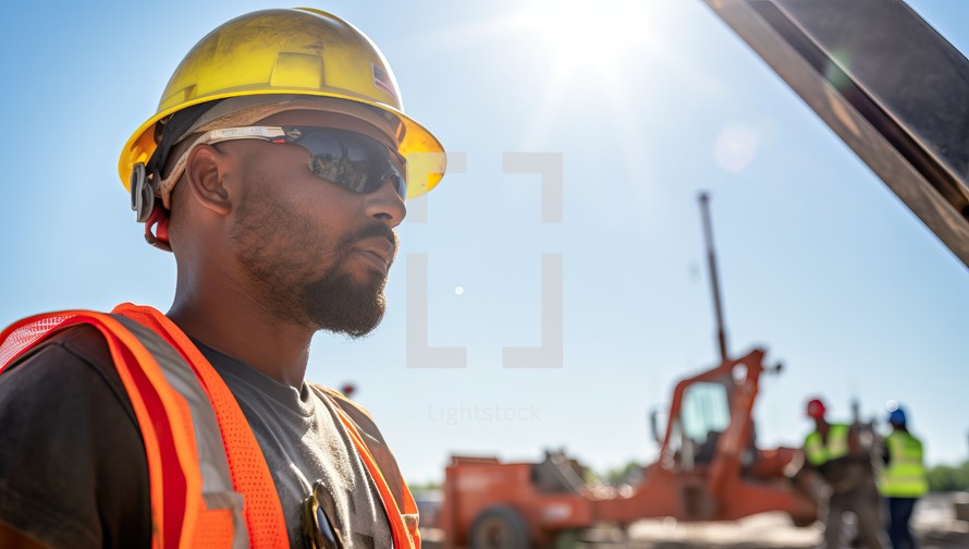 Portrait of african american worker in hardhat standing at construction site