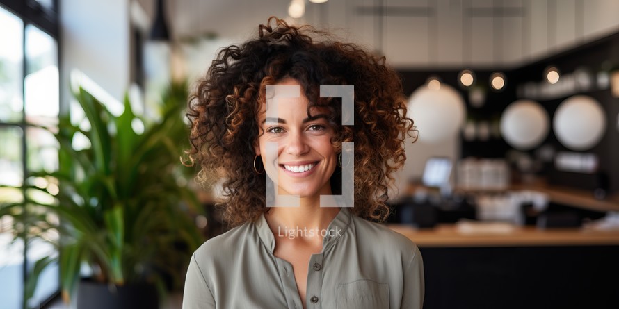 Portrait of smiling young businesswoman with curly hair in coffee shop