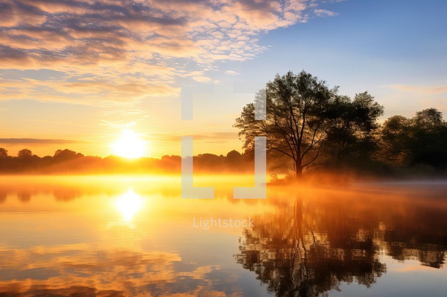 Beautiful sunrise over the lake with a tree reflected in the water