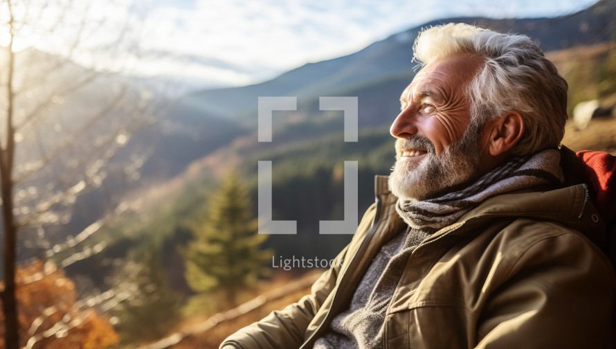 Portrait of smiling senior man sitting on the top of a mountain